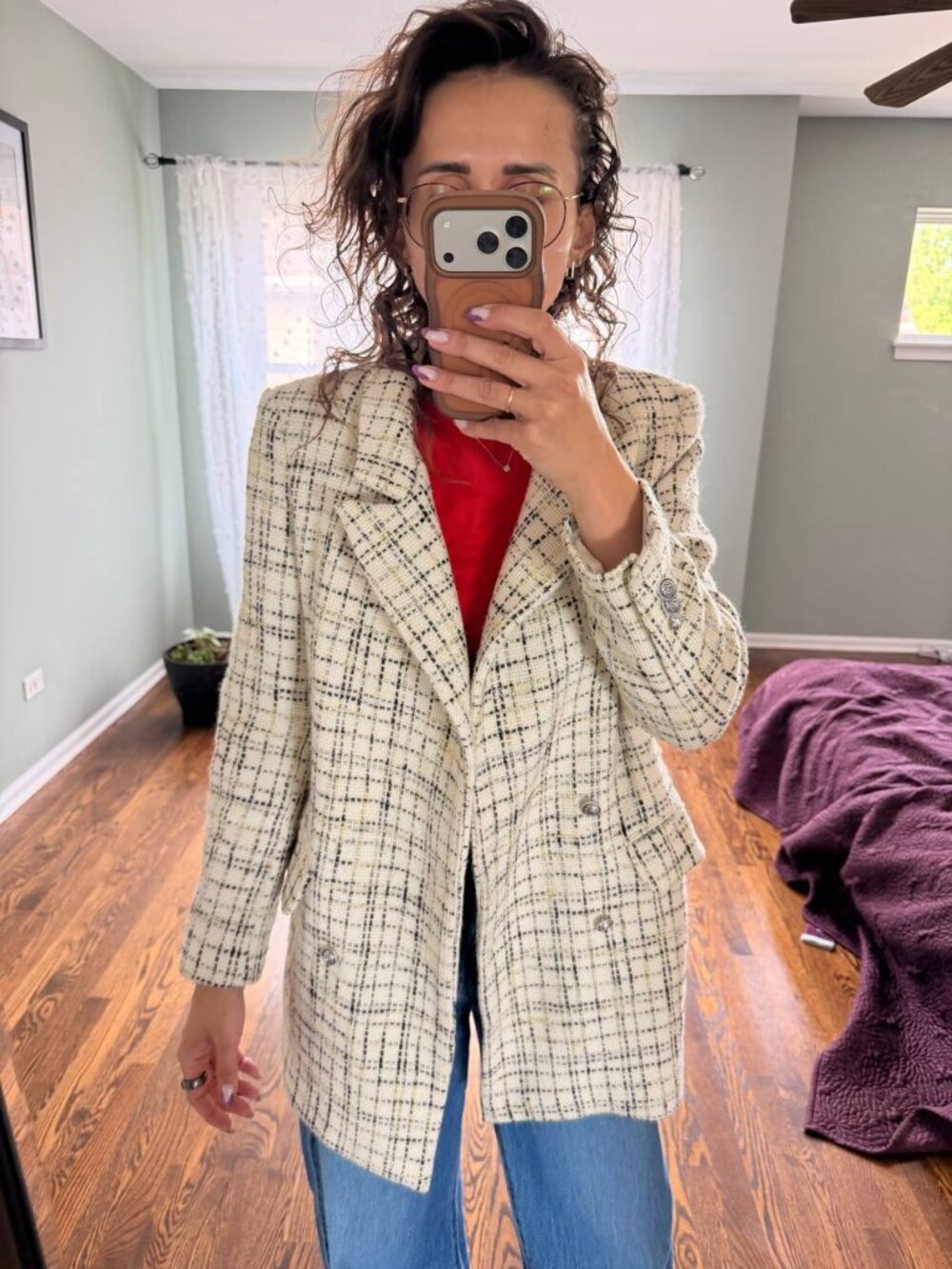 JJ Cream Plaid Tweed Longline Jacket